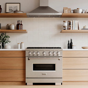 Designer kitchen with a ZLINE 36 in. 5.2 cu. ft. Classic Dual Fuel Range with 6 Burner DuoPro™ Cooktop and Electric Convection Oven in Satin Stainless Steel (PCDRS-36) and wooden cabinets, front.