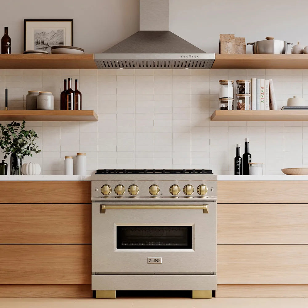 Designer kitchen with a ZLINE Autograph Edition 36 in. 5.2 cu. ft. Classic Dual Fuel Range with 6 Burner DuoPro™ Cooktop and Electric Convection Oven in Satin Stainless Steel and Champagne Bronze Accents (PCDRSZ-36-CB) and wooden cabinets, front.