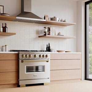 Designer kitchen with a ZLINE Autograph Edition 36 in. 5.2 cu. ft. Classic Dual Fuel Range with 6 Burner DuoPro™ Cooktop and Electric Convection Oven in Stainless Steel and Champagne Bronze Accents (PCDRZ-36-CB) and wooden cabinets, angled.