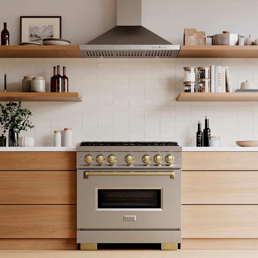 Designer kitchen with a ZLINE Autograph Edition 36 in. 5.2 cu. ft. Classic Dual Fuel Range with 6 Burner DuoPro™ Cooktop and Electric Convection Oven in Stainless Steel and Champagne Bronze Accents (PCDRZ-36-CB) and wooden cabinets, front.
