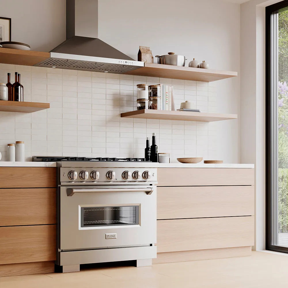 Designer kitchen with a ZLINE 36 in. 5.2 cu. ft. Classic Gas Range with 6 Burner DuoPro™ Cooktop and Convection Gas Oven in Stainless Steel (PCGR36) and wooden cabinets, angled.
