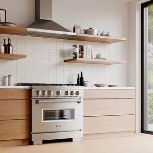 Designer kitchen with a ZLINE 36 in. 5.2 cu. ft. Classic Gas Range with 6 Burner DuoPro™ Cooktop and Convection Gas Oven in Stainless Steel (PCGR36) and wooden cabinets, angled.