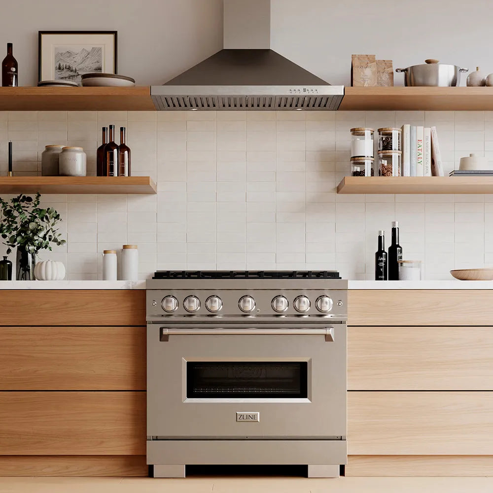 Designer kitchen with a ZLINE 36 in. 5.2 cu. ft. Classic Gas Range with 6 Burner DuoPro™ Cooktop and Convection Gas Oven in Stainless Steel (PCGR36) and wooden cabinets, front.