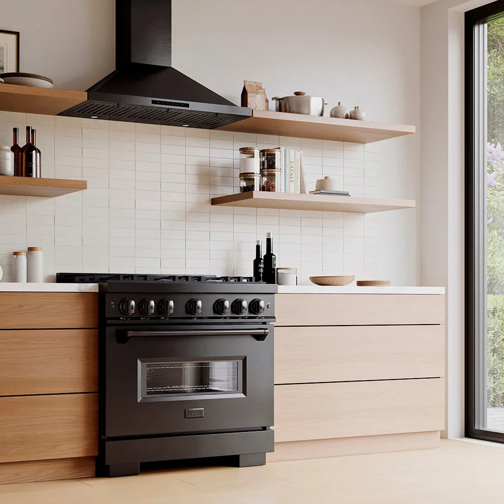 Designer kitchen with a ZLINE 36 in. 5.2 cu. ft. Classic Gas Range with 6 Burner DuoPro™ Cooktop and Convection Gas Oven in Black Stainless Steel (PCGRB-36) and wooden cabinets, angled.