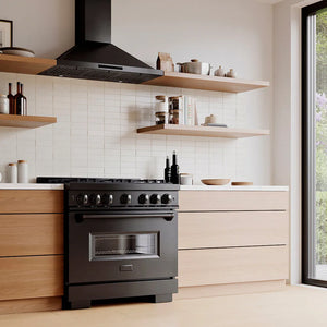 Designer kitchen with a ZLINE 36 in. 5.2 cu. ft. Classic Gas Range with 6 Burner DuoPro™ Cooktop and Convection Gas Oven in Black Stainless Steel (PCGRB-36) and wooden cabinets, angled.