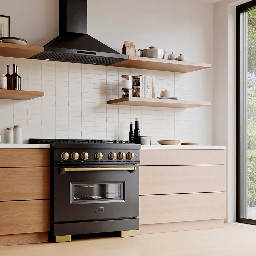 Designer kitchen with a ZLINE Autograph Edition 36 in. 5.2 cu. ft. Classic Gas Range with 6 Burner DuoPro™ Cooktop and Convection Gas Oven in Black Stainless Steel and Champagne Bronze Accents (PCGRBZ-36-CB) and wooden cabinets, angled.