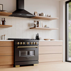 Designer kitchen with a ZLINE Autograph Edition 36 in. 5.2 cu. ft. Classic Gas Range with 6 Burner DuoPro™ Cooktop and Convection Gas Oven in Black Stainless Steel and Champagne Bronze Accents (PCGRBZ-36-CB) and wooden cabinets, angled.