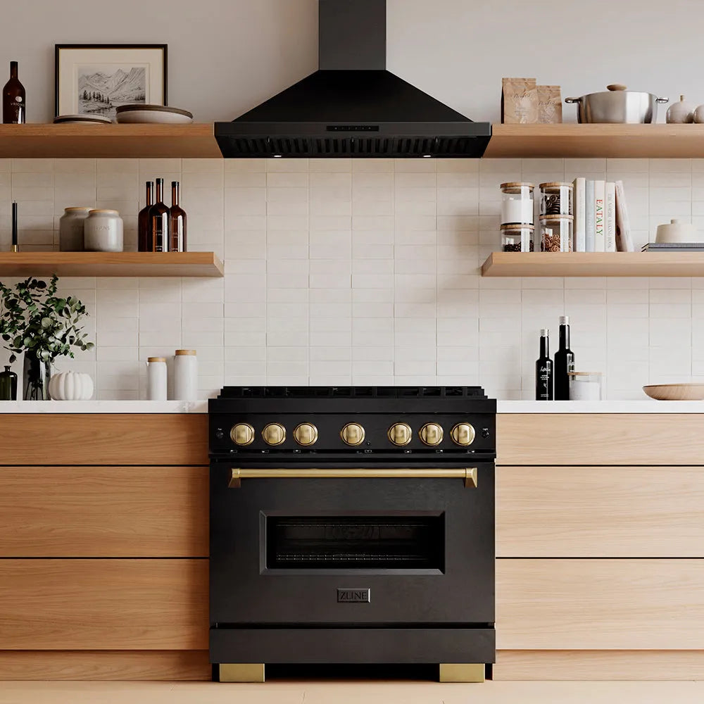 Designer kitchen with a ZLINE Autograph Edition 36 in. 5.2 cu. ft. Classic Gas Range with 6 Burner DuoPro™ Cooktop and Convection Gas Oven in Black Stainless Steel and Champagne Bronze Accents (PCGRBZ-36-CB) and wooden cabinets, front.