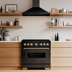 Designer kitchen with a ZLINE Autograph Edition 36 in. 5.2 cu. ft. Classic Gas Range with 6 Burner DuoPro™ Cooktop and Convection Gas Oven in Black Stainless Steel and Champagne Bronze Accents (PCGRBZ-36-CB) and wooden cabinets, front.