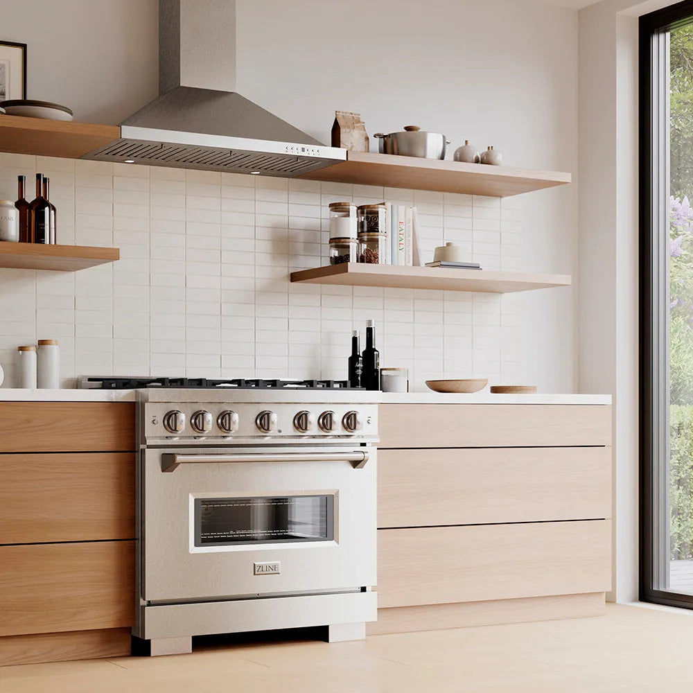 Designer kitchen with a ZLINE 36 in. 5.2 cu. ft. Classic Gas Range with 6 Burner DuoPro™ Cooktop and Convection Gas Oven in Satin Stainless Steel (PCGRS-36) and wooden cabinets, angled.