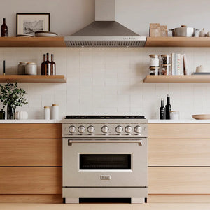 Designer kitchen with a ZLINE 36 in. 5.2 cu. ft. Classic Gas Range with 6 Burner DuoPro™ Cooktop and Convection Gas Oven in Satin Stainless Steel (PCGRS-36) and wooden cabinets, front.