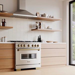 Designer kitchen with a ZLINE Autograph Edition 36 in. 5.2 cu. ft. Classic Gas Range with 6 Burner DuoPro™ Cooktop and Convection Gas Oven in Satin Stainless Steel and Champagne Bronze Accents (PCGRSZ-36-CB) and wooden cabinets, angled.