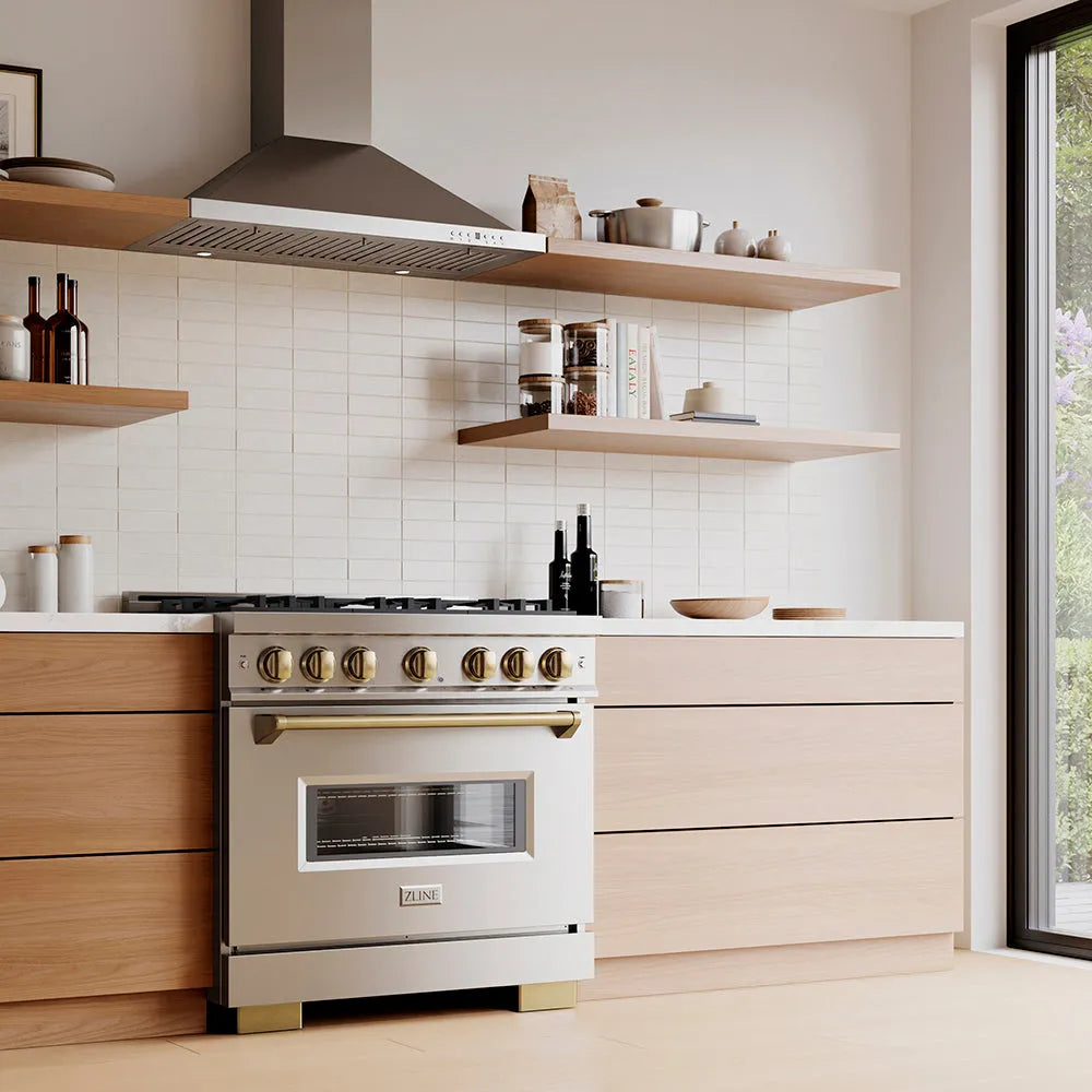 Designer kitchen with a ZLINE Autograph Edition 36 in. 5.2 cu. ft. Classic Gas Range with 6 Burner DuoPro™ Cooktop and Convection Gas Oven in Stainless Steel and Champagne Bronze Accents (PCGRZ-36-CB) and wooden cabinets, angled.