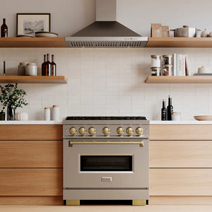 Designer kitchen with a ZLINE Autograph Edition 36 in. 5.2 cu. ft. Classic Gas Range with 6 Burner DuoPro™ Cooktop and Convection Gas Oven in Stainless Steel and Champagne Bronze Accents (PCGRZ-36-CB) and wooden cabinets, front.