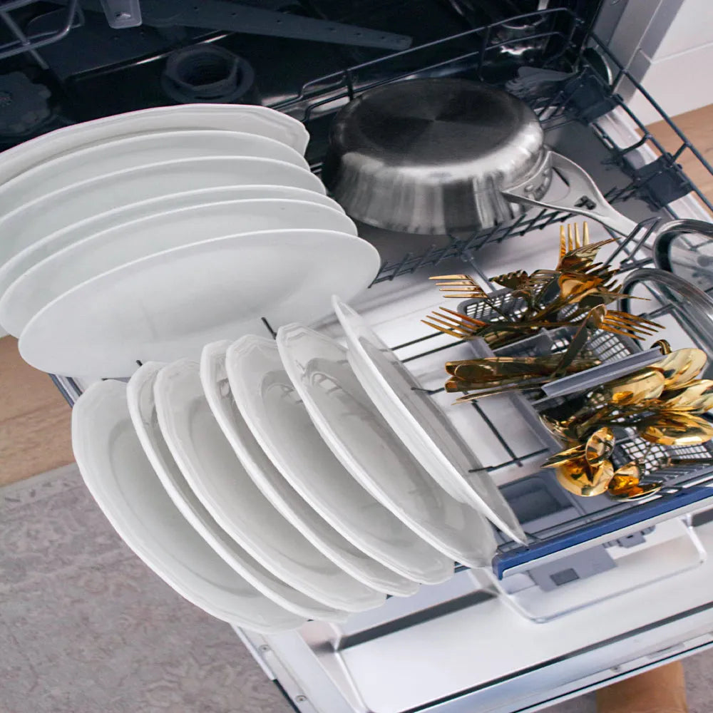 ZLINE 24 in. Tallac Series 3rd Rack Dishwasher with Auto Door Open Drying, 51dBa, Panel Ready (DWV-24) above, open, with white plates, pots, and gold dinnerware.