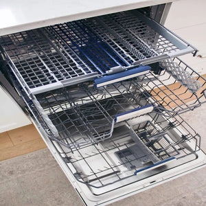 ZLINE 24 in. Tallac Series 3rd Rack Dishwasher with Auto Door Open Drying, 51dBa, Panel Ready (DWV-24) open in a kitchen setting with white cabinets and wooden floor.