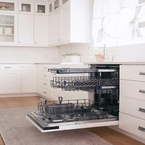 ZLINE 24 in. Tallac Series 3rd Rack Dishwasher with Auto Door Open Drying, 51dBa, Panel Ready (DWV-24) side, open, with racks extended, shown in a bright kitchen setting.