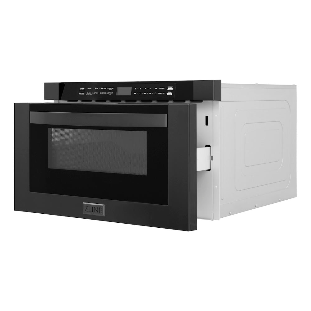 ZLINE 24 in. 1.2 cu. ft. Built-in Microwave Drawer in Black Stainless Steel (MWD-1-BS) side, open.