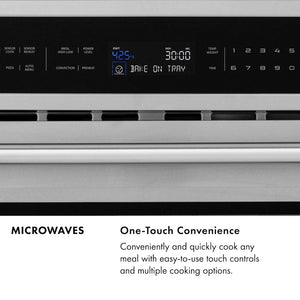 ZLINE Microwave Infographic. Image: Microwave digital display and control panel. Text: One-Touch Convenience. Conveniently and quickly cook any meal with easy-to-use touch controls and multiple cooking options.