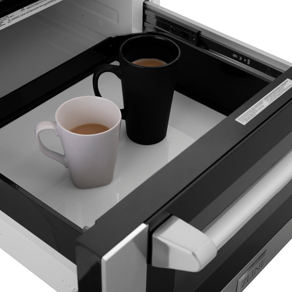 Two mugs of coffee inside an open ZLINE 24 in. 1.2 cu. ft. Built-in Microwave Drawer with a Traditional Handle in Stainless Steel (MWD-1-H)