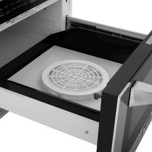 Open ZLINE 24 in. 1.2 cu. ft. Built-in Microwave Drawer with a Traditional Handle in Stainless Steel (MWD-1-H) with a defroster plate on a white background