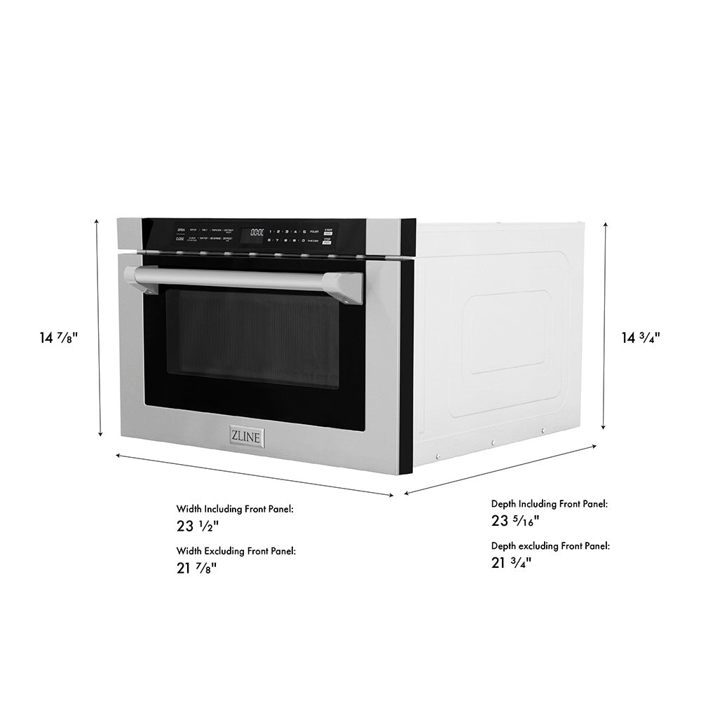 ZLINE 24 in. 1.2 cu. ft. Built-in Microwave Drawer with a Traditional Handle in Stainless Steel (MWD-1-H) with dimensions labeled on a white background
