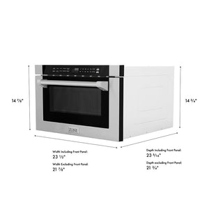 ZLINE 24 in. 1.2 cu. ft. Built-in Microwave Drawer with a Traditional Handle in Stainless Steel (MWD-1-H) with dimensions labeled on a white background