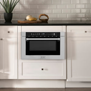 ZLINE 24 in. 1.2 cu. ft. Built-in Microwave Drawer with a Traditional Handle in Stainless Steel (MWD-1-H) in a modern farmhouse kitchen with white cabinets and black countertop.