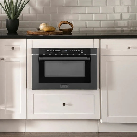 ZLINE 24 in. 1.2 cu. ft. Built-in Microwave Drawer with a Traditional Handle in Black Stainless Steel (MWD-1-BS-H) embedded in white kitchen cabinetry with a tiled backsplash.