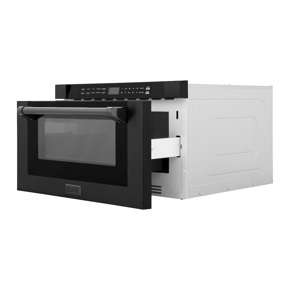 ZLINE 24 in. 1.2 cu. ft. Built-in Microwave Drawer with a Traditional Handle in Black Stainless Steel (MWD-1-BS-H) side, open.
