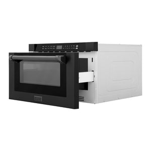 ZLINE 24 in. 1.2 cu. ft. Built-in Microwave Drawer with a Traditional Handle in Black Stainless Steel (MWD-1-BS-H) side, open.