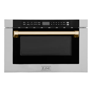ZLINE Autograph Edition 24 in. 1.2 cu. ft. Built-in Microwave Drawer with a Traditional Handle in Stainless Steel and Polished Gold Accents (MWDZ-1-H-G) 