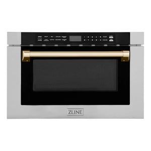 ZLINE Autograph Edition 24 in. 1.2 cu. ft. Built-in Microwave Drawer with a Traditional Handle in Stainless Steel and Polished Gold Accents (MWDZ-1-H-G) main image.