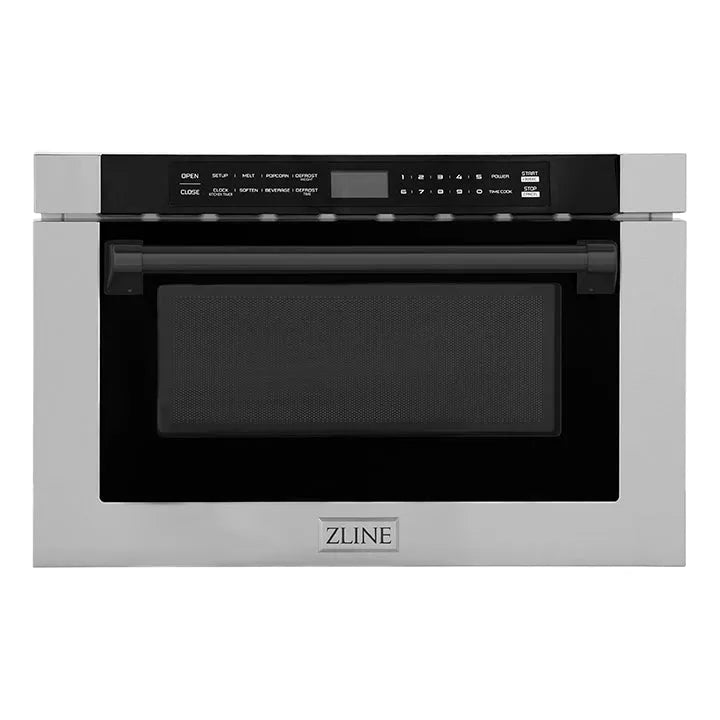 ZLINE Autograph Edition 24 in. 1.2 cu. ft. Built-in Microwave Drawer with a Traditional Handle in Stainless Steel and Matte Black Accents (MWDZ-1-H-MB) main image.