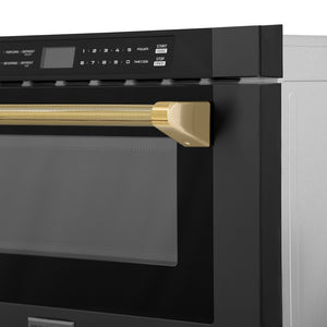 ZLINE Autograph Edition 24 in. 1.2 cu. ft. Built-in Microwave Drawer in Black Stainless Steel and Polished Gold Helix Handle (MWDZ-1-BS-H-KG) Helix handle on microwave exterior showing knurled diamond texture.
