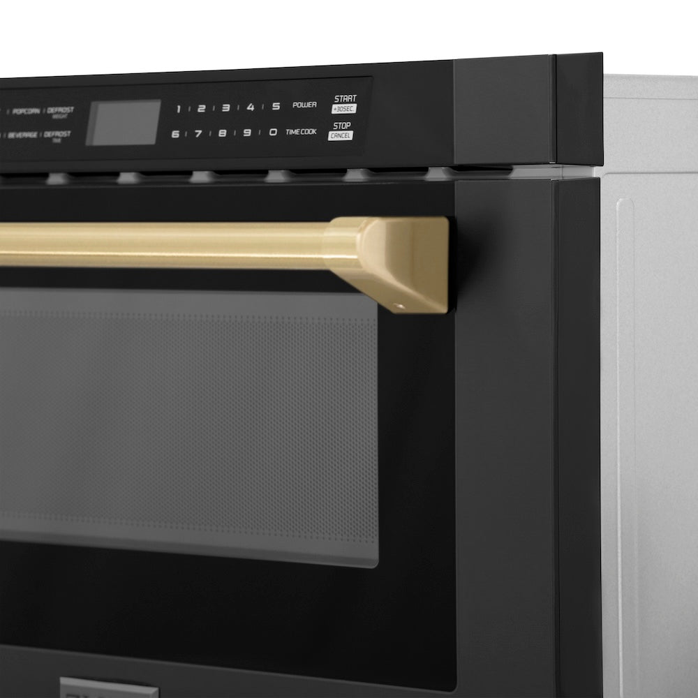 ZLINE Autograph Edition 24 in. 1.2 cu. ft. Built-in Microwave Drawer in Black Stainless Steel and Champagne Bronze Accents (MWDZ-1-BS-H-CB) handle and display.
