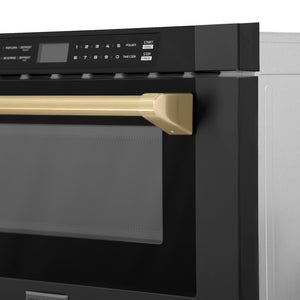 ZLINE Autograph Edition 24 in. 1.2 cu. ft. Built-in Microwave Drawer in Black Stainless Steel and Champagne Bronze Accents (MWDZ-1-BS-H-CB) handle and display.