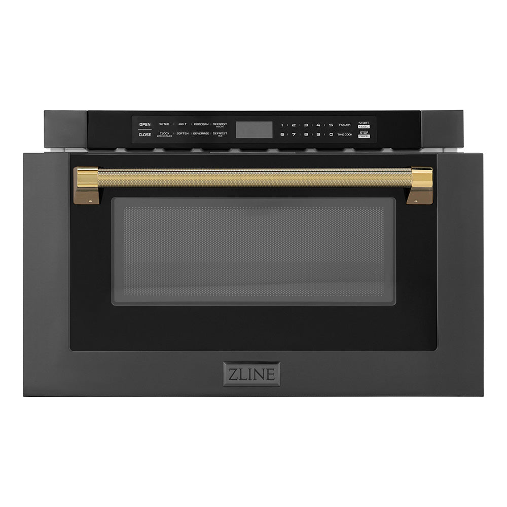 ZLINE Autograph Edition 24 in. 1.2 cu. ft. Built-in Microwave Drawer in Black Stainless Steel and Polished Gold Helix Handle (MWDZ-1-BS-H-KG) front, open.