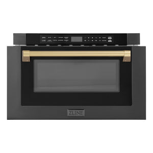 ZLINE Autograph Edition 24 in. 1.2 cu. ft. Built-in Microwave Drawer in Black Stainless Steel and Champagne Bronze Accents (MWDZ-1-BS-H-CB) front, open.