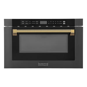 ZLINE Autograph Edition 24 in. 1.2 cu. ft. Built-in Microwave Drawer in Black Stainless Steel and Polished Gold Helix Handle (MWDZ-1-BS-H-KG)