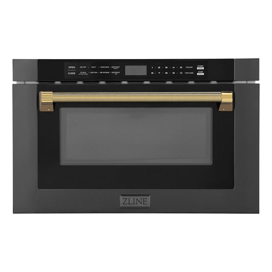 ZLINE Autograph Edition 24 in. 1.2 cu. ft. Built-in Microwave Drawer in Black Stainless Steel and Polished Gold Helix Handle (MWDZ-1-BS-H-KG)