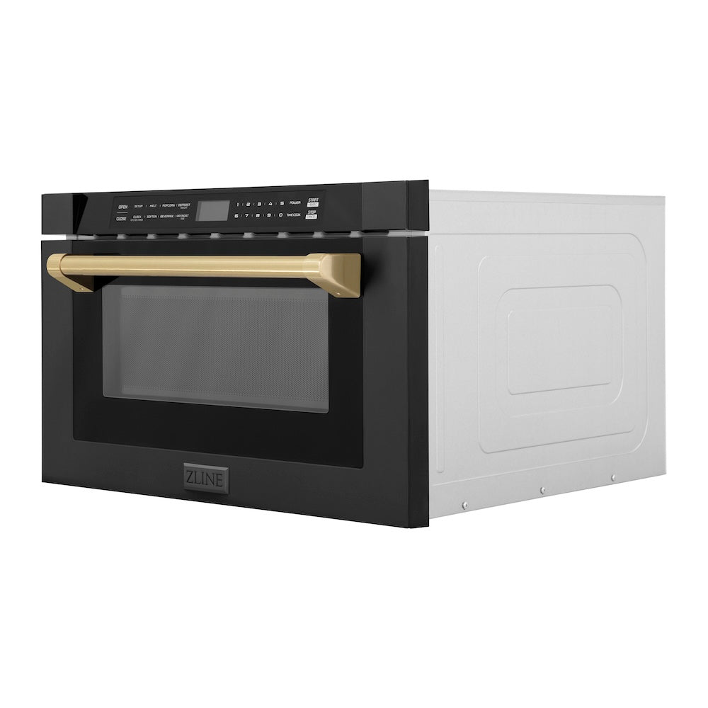 ZLINE Autograph Edition 24 in. 1.2 cu. ft. Built-in Microwave Drawer in Black Stainless Steel and Champagne Bronze Accents (MWDZ-1-BS-H-CB) side, closed.