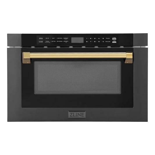 ZLINE Autograph Edition 24 in. 1.2 cu. ft. Built-in Microwave Drawer in Black Stainless Steel with Polished Gold Accents (MWDZ-1-BS-H-G) main image.
