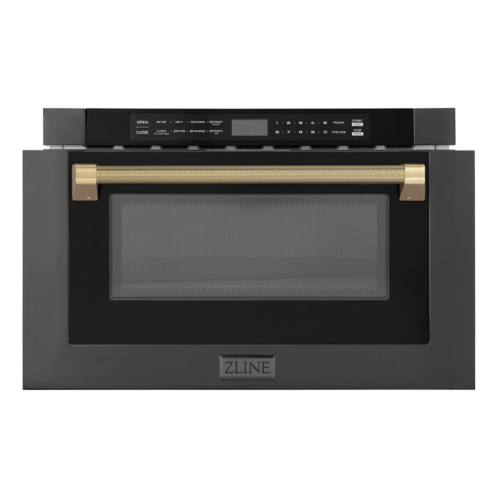 ZLINE Autograph Edition 24 in. 1.2 cu. ft. Built-in Microwave Drawer in Black Stainless Steel and Champagne Bronze Helix Handle (MWDZ-1-BS-H-KCB) front, open.