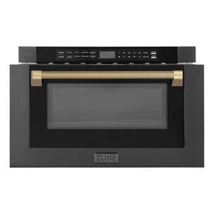 ZLINE Autograph Edition 24 in. 1.2 cu. ft. Built-in Microwave Drawer in Black Stainless Steel and Champagne Bronze Helix Handle (MWDZ-1-BS-H-KCB) front, open.
