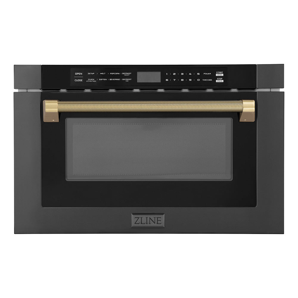 ZLINE Autograph Edition 24 in. 1.2 cu. ft. Built-in Microwave Drawer in Black Stainless Steel and Champagne Bronze Helix Handle (MWDZ-1-BS-H-KCB)