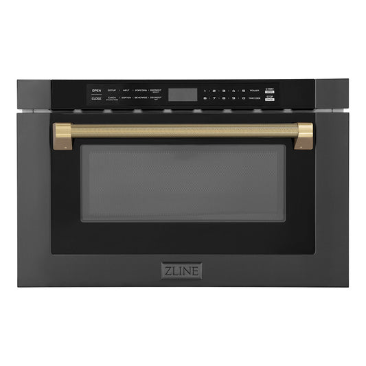 ZLINE Autograph Edition 24 in. 1.2 cu. ft. Built-in Microwave Drawer in Black Stainless Steel and Champagne Bronze Helix Handle (MWDZ-1-BS-H-KCB)