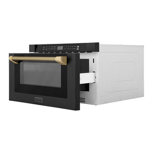 ZLINE Autograph Edition 24 in. 1.2 cu. ft. Built-in Microwave Drawer in Black Stainless Steel and Champagne Bronze Helix Handle (MWDZ-1-BS-H-KCB) side, open.