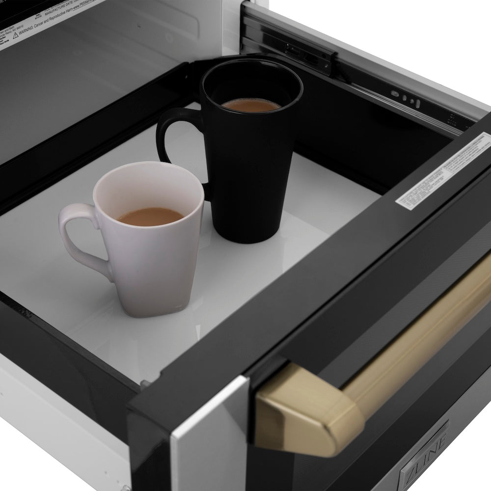 Two mugs of coffee inside a ZLINE Autograph Edition 24 in. 1.2 cu. ft. Built-in Microwave Drawer with a Traditional Handle in Stainless Steel and Champagne Bronze Accents (MWDZ-1-H-CB).
