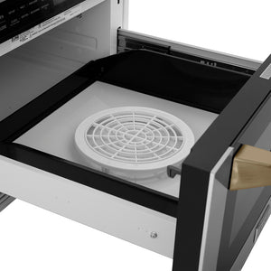 Open ZLINE Autograph Edition 24 in. 1.2 cu. ft. Built-in Microwave Drawer with a Traditional Handle in Stainless Steel and Champagne Bronze Accents (MWDZ-1-H-CB) with defrost plate inside on a white background